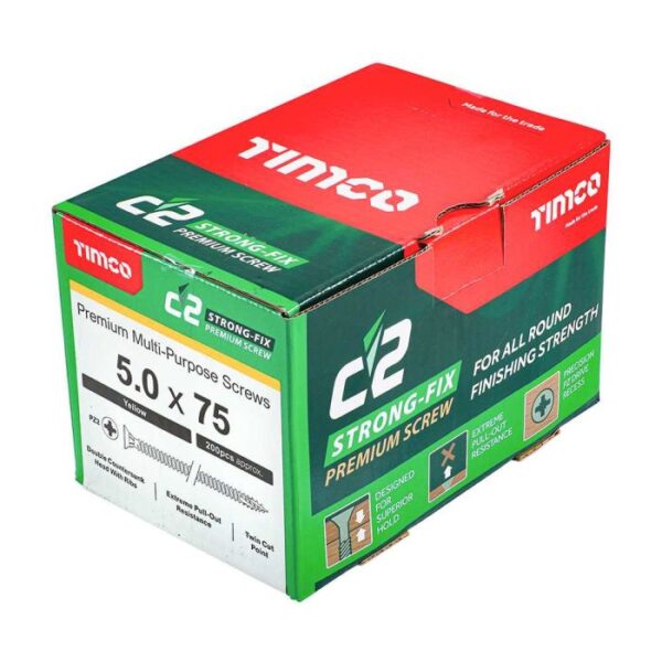 5.0 x 75mm Timco C2 Strong Fix PZ Double Countersunk Sharp Point Premium Wood Screw Zinc-Yellow (Box of 200) - Image 2