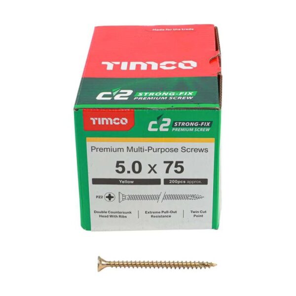 5.0 x 75mm Timco C2 Strong Fix PZ Double Countersunk Sharp Point Premium Wood Screw Zinc-Yellow (Box of 200)