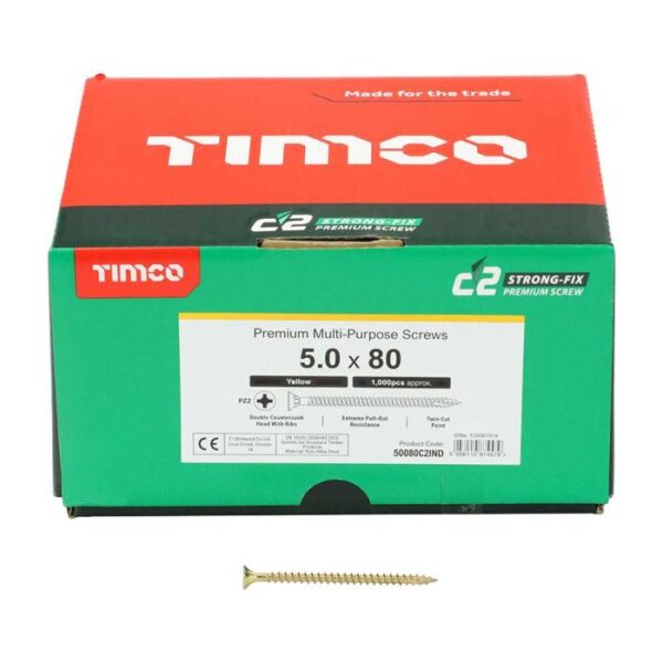 5.0 x 80mm Timco C2 Strong Fix PZ Double Countersunk Sharp Point Premium Wood Screw Index Zinc-Yellow (Box of 1000)