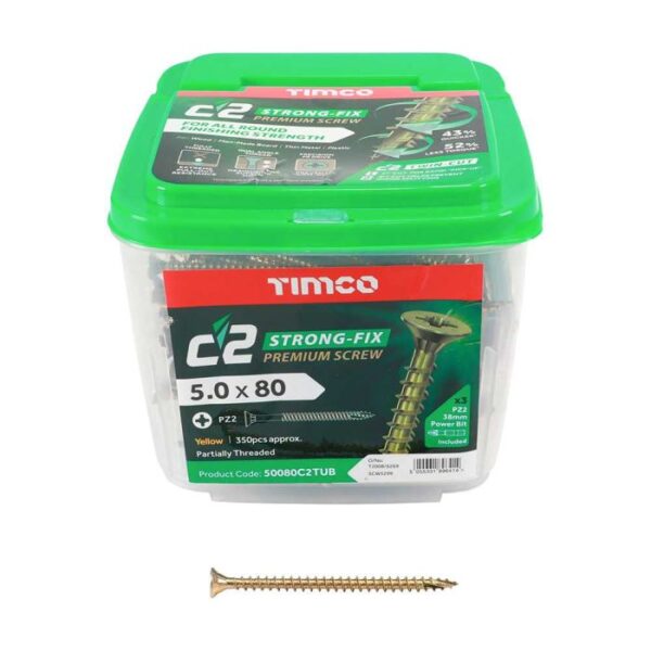 5.0 x 80mm Timco C2 Strong Fix PZ Double Countersunk Sharp Point Premium Wood Screw Zinc-Yellow (Tub of 350)