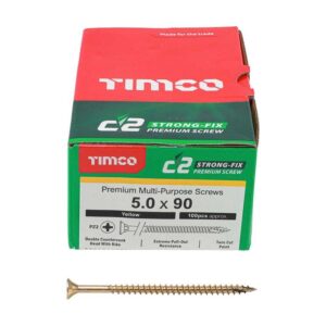 5.0 x 90mm Timco C2 Strong Fix PZ Double Countersunk Sharp Point Premium Wood Screw Zinc-Yellow (Box of 100)