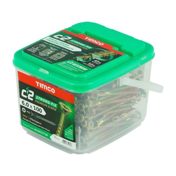 6.0 x 100mm Timco C2 Strong Fix PZ Double Countersunk Sharp Point Premium Wood Screw Zinc-Yellow (Tub of 225) - Image 3