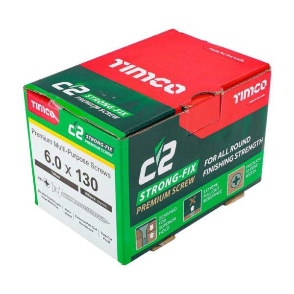 6.0 x 130mm Timco C2 Strong Fix PZ Double Countersunk Sharp Point Premium Wood Screw Zinc-Yellow (Box of 100) - Image 2