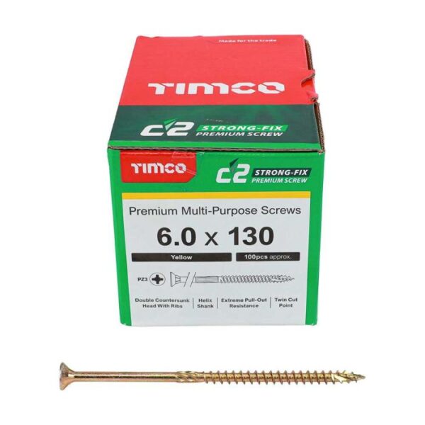 6.0 x 130mm Timco C2 Strong Fix PZ Double Countersunk Sharp Point Premium Wood Screw Zinc-Yellow (Box of 100)