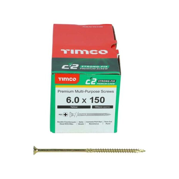 6.0 x 150mm Timco C2 Strong Fix PZ Double Countersunk Sharp Point Premium Wood Screw Zinc-Yellow (Box of 100)