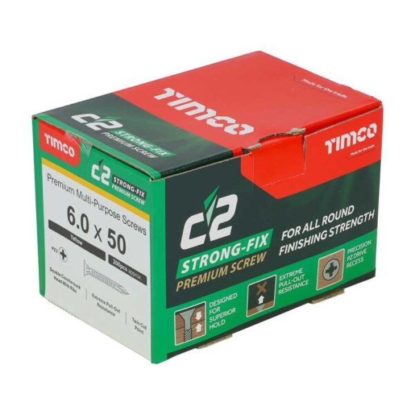 6.0 x 50mm Timco C2 Strong Fix PZ Double Countersunk Sharp Point Premium Wood Screw Zinc-Yellow (Box of 200) - Image 2