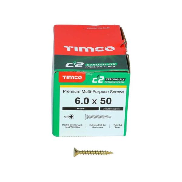 6.0 x 50mm Timco C2 Strong Fix PZ Double Countersunk Sharp Point Premium Wood Screw Zinc-Yellow (Box of 200)