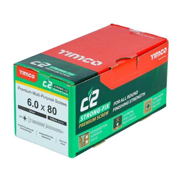 6.0 x 80mm Timco C2 Strong Fix PZ Double Countersunk Sharp Point Premium Wood Screw Zinc-Yellow (Box of 200) - Image 2