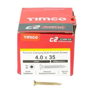 4.0 x 35mm Timco C2 Clamp-Fix Double Countersunk with Ribs Twin Cut Premium Wood Screw Zinc-Yellow (Box of 200)