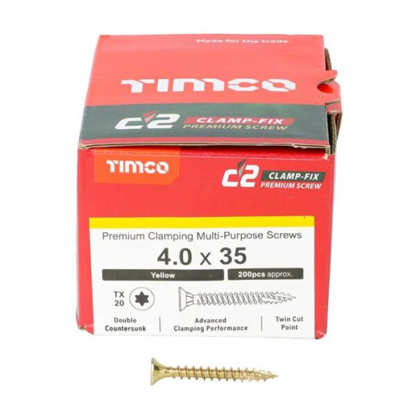 4.0 x 35mm Timco C2 Clamp-Fix Double Countersunk with Ribs Twin Cut Premium Wood Screw Zinc-Yellow (Box of 200)