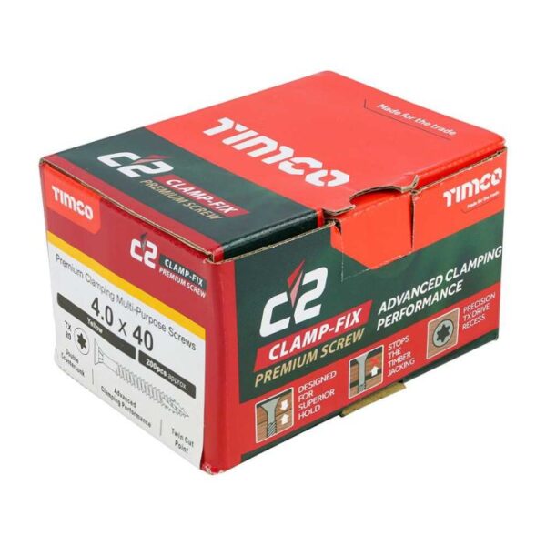 4.0 x 40mm Timco C2 Clamp-Fix Double Countersunk with Ribs Twin Cut Premium Wood Screw Zinc-Yellow (Box of 200) - Image 4