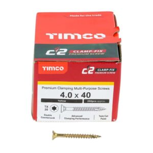 4.0 x 40mm Timco C2 Clamp-Fix Double Countersunk with Ribs Twin Cut Premium Wood Screw Zinc-Yellow (Box of 200)