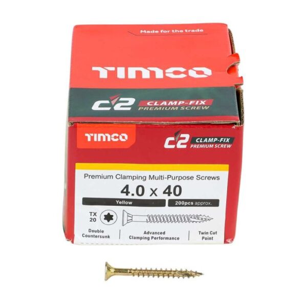 4.0 x 40mm Timco C2 Clamp-Fix Double Countersunk with Ribs Twin Cut Premium Wood Screw Zinc-Yellow (Box of 200)