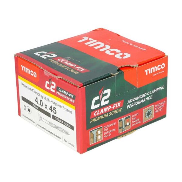 4.0 x 45mm Timco C2 Clamp-Fix Double Countersunk with Ribs Twin Cut Premium Wood Screw Zinc-Yellow (Box of 200) - Image 2