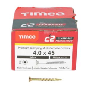 4.0 x 45mm Timco C2 Clamp-Fix Double Countersunk with Ribs Twin Cut Premium Wood Screw Zinc-Yellow (Box of 200)