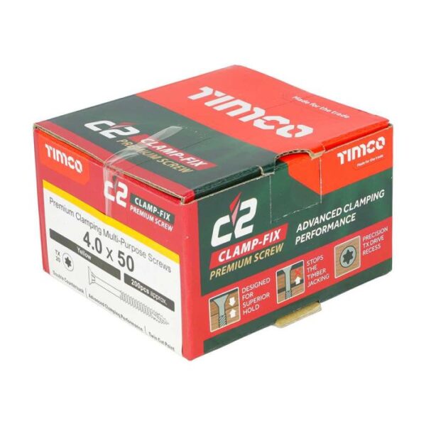 4.0 x 50mm Timco C2 Clamp-Fix Double Countersunk with Ribs Twin Cut Premium Wood Screw Zinc-Yellow (Box of 200) - Image 4