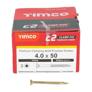 4.0 x 50mm Timco C2 Clamp-Fix Double Countersunk with Ribs Twin Cut Premium Wood Screw Zinc-Yellow (Box of 200)
