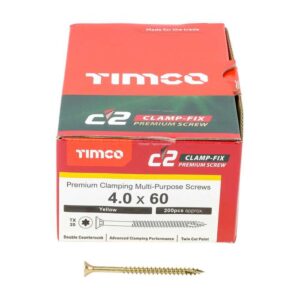 4.0 x 60mm Timco C2 Clamp-Fix Double Countersunk with Ribs Twin Cut Premium Wood Screw Zinc-Yellow (Box of 200)