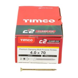 4.0 x 70mm Timco C2 Clamp-Fix Double Countersunk with Ribs Twin Cut Premium Wood Screw Zinc-Yellow (Box of 200)