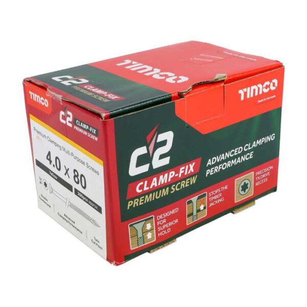 4.0 x 80mm Timco C2 Clamp-Fix Double Countersunk with Ribs Twin Cut Premium Wood Screw Zinc-Yellow (Box of 200) - Image 2