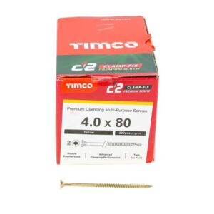 4.0 x 80mm Timco C2 Clamp-Fix Double Countersunk with Ribs Twin Cut Premium Wood Screw Zinc-Yellow (Box of 200)