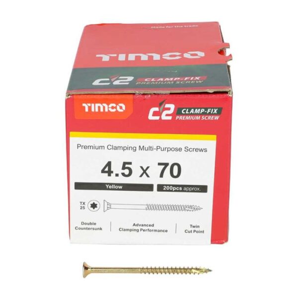 4.5 x 70mm Timco C2 Clamp-Fix Double Countersunk with Ribs Twin Cut Premium Wood Screw Zinc-Yellow (Box of 200)