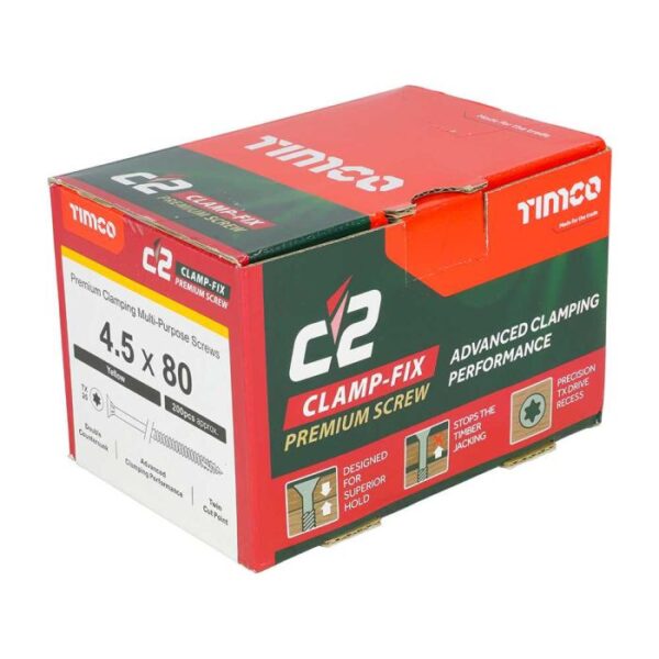 4.5 x 80mm Timco C2 Clamp-Fix Double Countersunk with Ribs Twin Cut Premium Wood Screw Zinc-Yellow (Box of 200) - Image 2