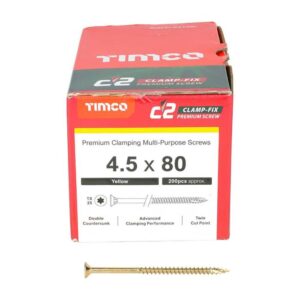 4.5 x 80mm Timco C2 Clamp-Fix Double Countersunk with Ribs Twin Cut Premium Wood Screw Zinc-Yellow (Box of 200)