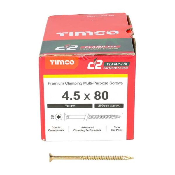 4.5 x 80mm Timco C2 Clamp-Fix Double Countersunk with Ribs Twin Cut Premium Wood Screw Zinc-Yellow (Box of 200)