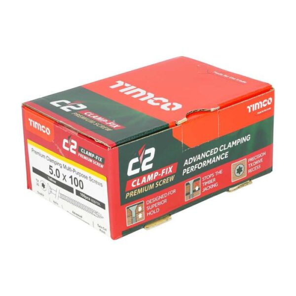 5.0 x 100mm Timco C2 Clamp-Fix Double Countersunk with Ribs Twin Cut Premium Wood Screw Zinc-Yellow (Box of 200) - Image 4