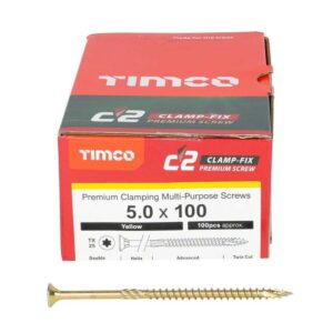 5.0 x 100mm Timco C2 Clamp-Fix Double Countersunk with Ribs Twin Cut Premium Wood Screw Zinc-Yellow (Box of 200)