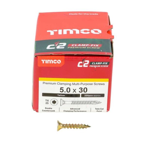 5.0 x 30mm Timco C2 Clamp-Fix Double Countersunk with Ribs Twin Cut Premium Wood Screw Zinc-Yellow (Box of 200)