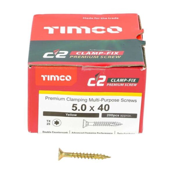 5.0 x 40mm Timco C2 Clamp-Fix Double Countersunk with Ribs Twin Cut Premium Wood Screw Zinc-Yellow (Box of 200)