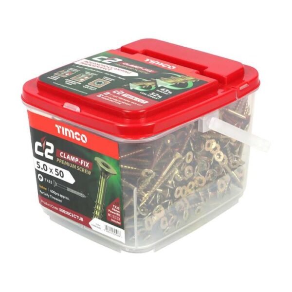 4.0 x 50mm Timco C2 Clamp-Fix Double Countersunk with Ribs Twin Cut Premium Wood Screw Zinc-Yellow (Tub of 800) - Image 2