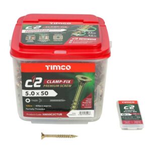 5.0 x 50mm Timco C2 Clamp-Fix Double Countersunk with Ribs Twin Cut Premium Wood Screw Zinc-Yellow (Tub of 600)