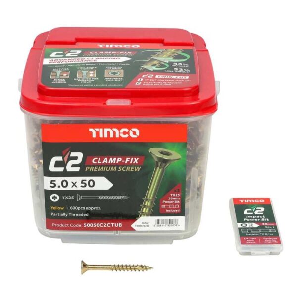 5.0 x 50mm Timco C2 Clamp-Fix Double Countersunk with Ribs Twin Cut Premium Wood Screw Zinc-Yellow (Tub of 600)