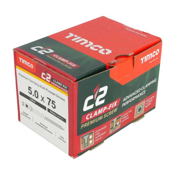 5.0 x 75mm Timco C2 Clamp-Fix Double Countersunk with Ribs Twin Cut Premium Wood Screw Zinc-Yellow (Box of 200) - Image 2
