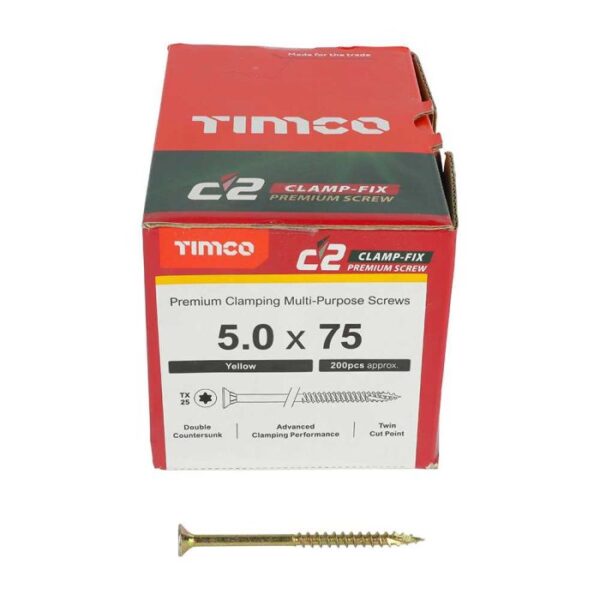 5.0 x 75mm Timco C2 Clamp-Fix Double Countersunk with Ribs Twin Cut Premium Wood Screw Zinc-Yellow (Box of 200)