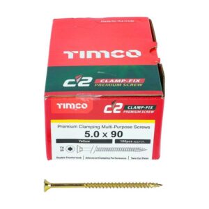 5.0 x 90mm Timco C2 Clamp-Fix Double Countersunk with Ribs Twin Cut Premium Wood Screw Zinc-Yellow (Box of 200)