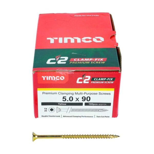 5.0 x 90mm Timco C2 Clamp-Fix Double Countersunk with Ribs Twin Cut Premium Wood Screw Zinc-Yellow (Box of 200)