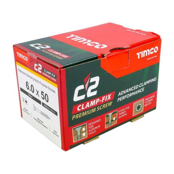6.0 x 50mm Timco C2 Clamp-Fix Double Countersunk with Ribs Twin Cut Premium Wood Screw Zinc-Yellow (Box of 200) - Image 4