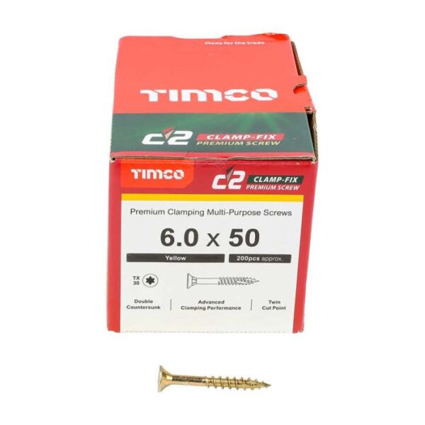 6.0 x 50mm Timco C2 Clamp-Fix Double Countersunk with Ribs Twin Cut Premium Wood Screw Zinc-Yellow (Box of 200)