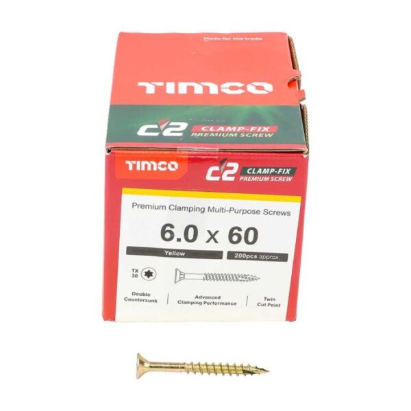 6.0 x 60mm Timco C2 Clamp-Fix Double Countersunk with Ribs Twin Cut Premium Wood Screw Zinc-Yellow (Box of 200)