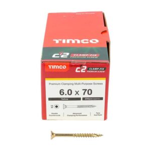 6.0 x 70mm Timco C2 Clamp-Fix Double Countersunk with Ribs Twin Cut Premium Wood Screw Zinc-Yellow (Box of 200)