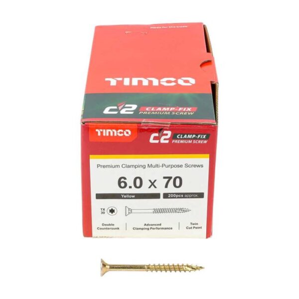 6.0 x 70mm Timco C2 Clamp-Fix Double Countersunk with Ribs Twin Cut Premium Wood Screw Zinc-Yellow (Box of 200)