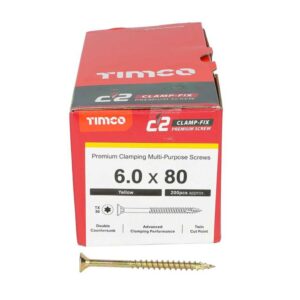 6.0 x 80mm Timco C2 Clamp-Fix Double Countersunk with Ribs Twin Cut Premium Wood Screw Zinc-Yellow (Box of 200)