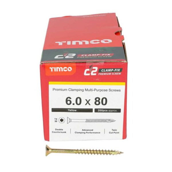 6.0 x 80mm Timco C2 Clamp-Fix Double Countersunk with Ribs Twin Cut Premium Wood Screw Zinc-Yellow (Box of 200)