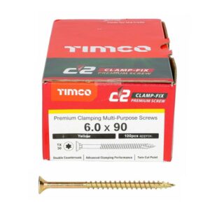 6.0 x 90mm Timco C2 Clamp-Fix Double Countersunk with Ribs Twin Cut Premium Wood Screw Zinc-Yellow (Box of 200)