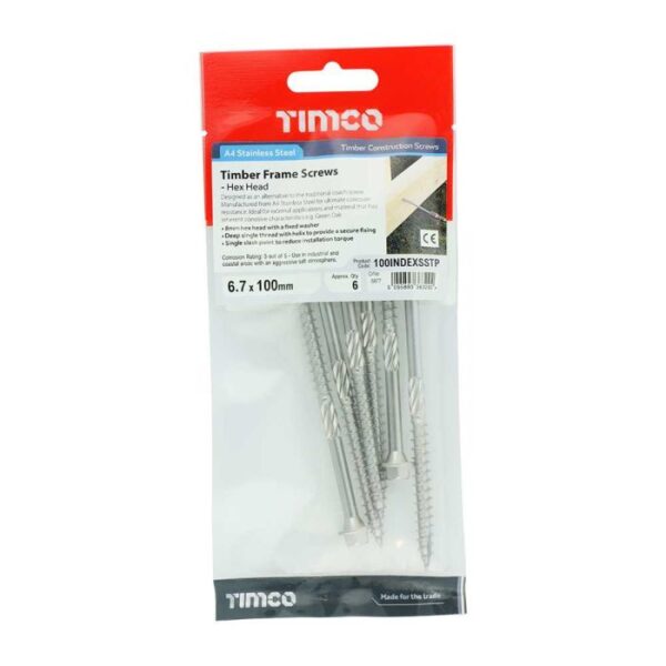 6.7 x 100 mm Timco Timber Frame Construction and Landscaping Screws Hex A4 Stainless Steel (TIMpac of 6)