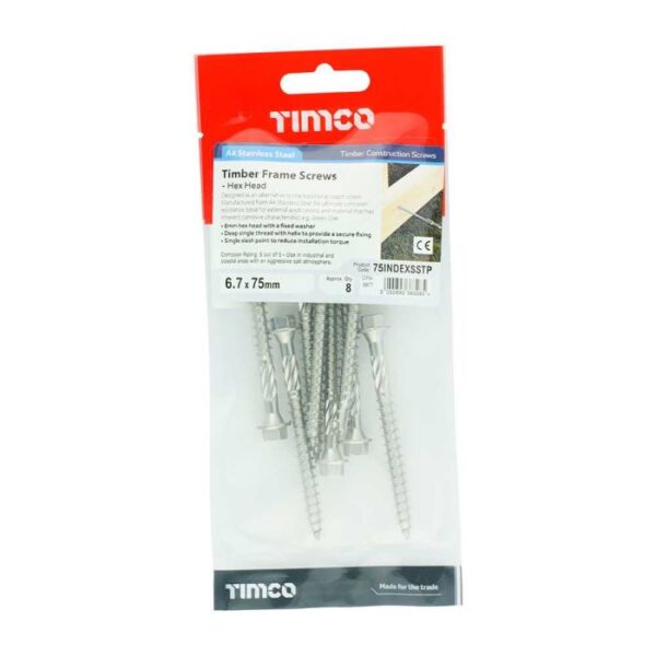 6.7 x 75 mm Timco Timber Frame Construction and Landscaping Screws Hex A4 Stainless Steel (TIMpac of 8)
